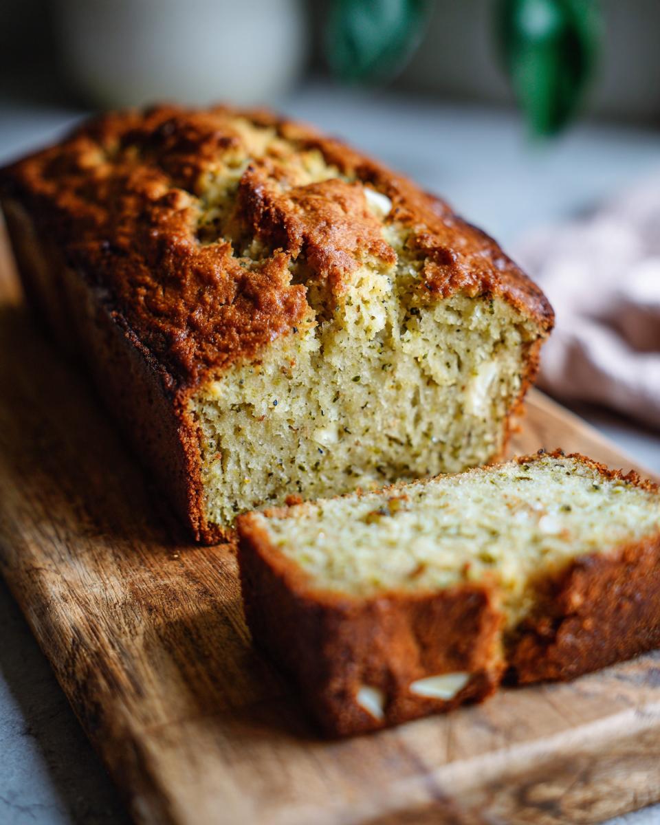 Close-up of a sliced Matcha White Chocolate Loaf Cake on a wooden board, showcasing the texture.