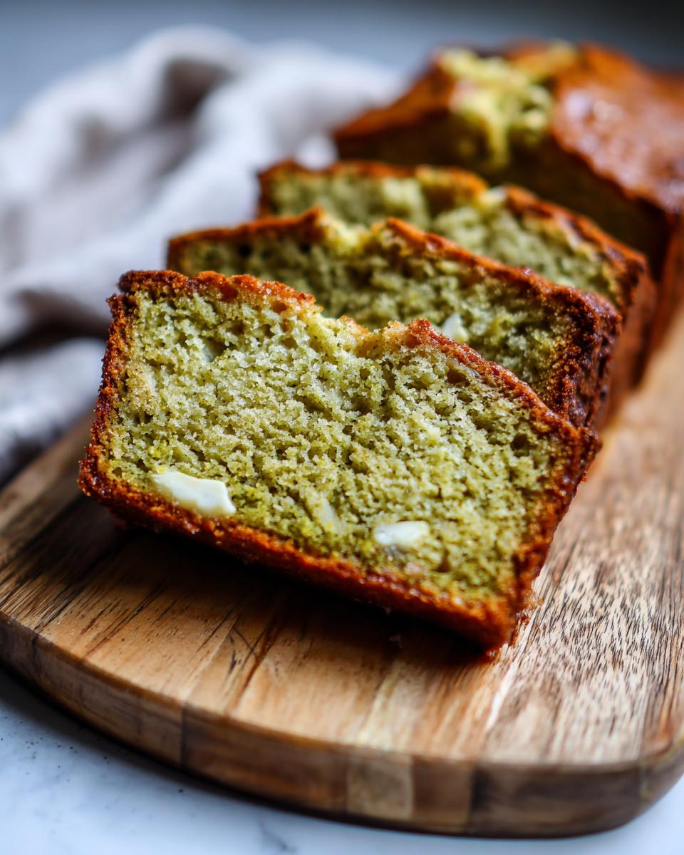 Close-up of sliced Matcha White Chocolate Loaf Cake on a wooden board, showing the texture and white chocolate.