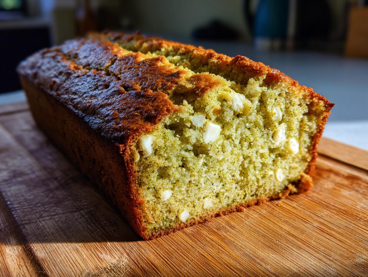 Close-up of a Matcha White Chocolate Loaf Cake on a wooden board, showing the texture and white chocolate chips.