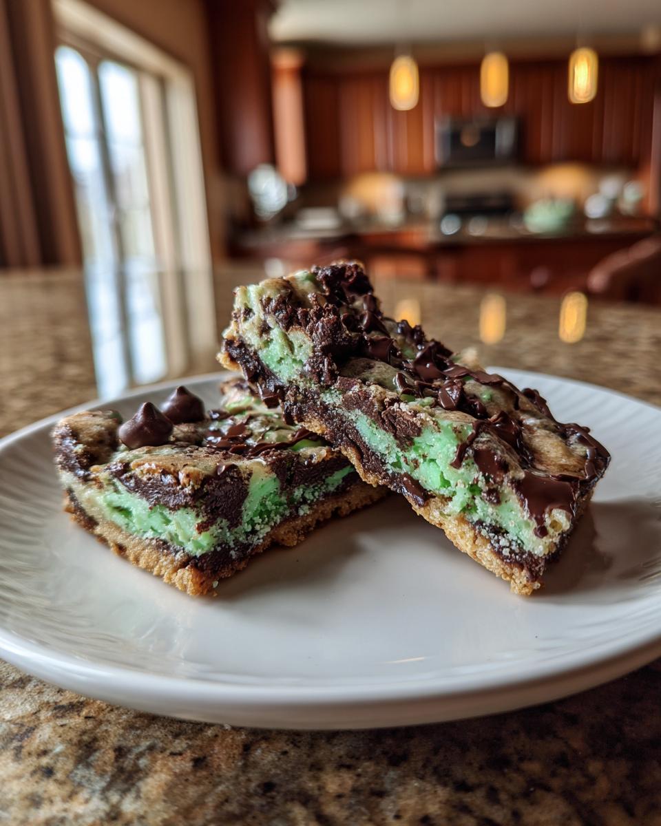Close-up of two slices of Mint Chocolate Chip Cookie Bars on a white plate, showing layers and chocolate chips.