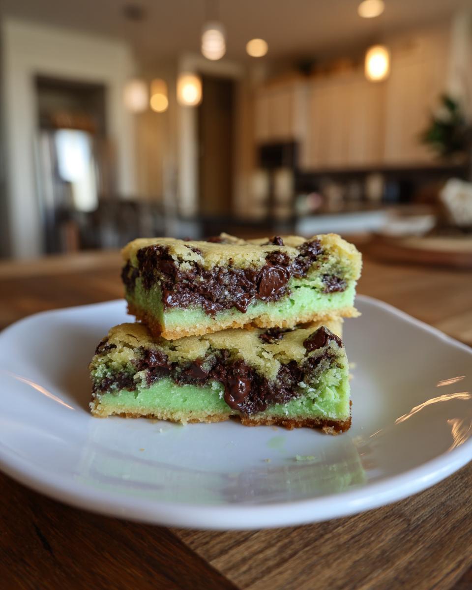 Two stacked Mint Chocolate Chip Cookie Bars on a white plate, showing layers of mint and chocolate.