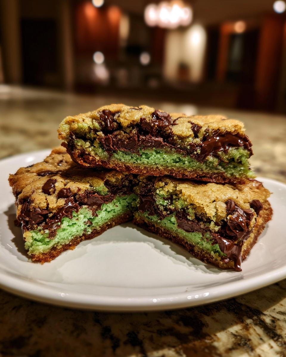 Close-up of stacked Mint Chocolate Chip Cookie Bars, showing layers of chocolate and mint.