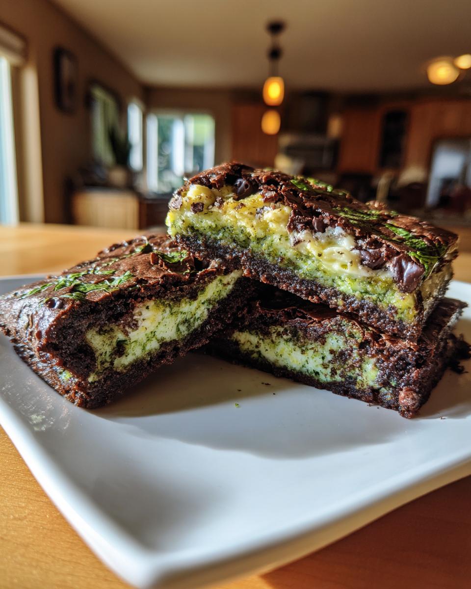 Close-up of stacked Mint Chocolate Chip Cookie Bars, showing layers of chocolate and mint.