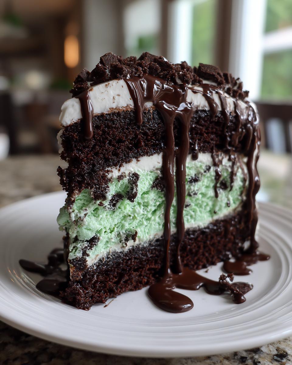 A delicious slice of Mint Chocolate Chip Ice Cream Cake on a white plate with chocolate drizzle.