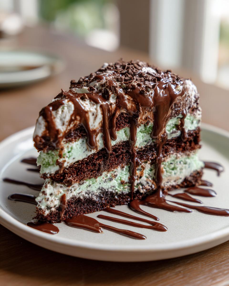 A delicious slice of Mint Chocolate Chip Ice Cream Cake with chocolate drizzle on a plate.
