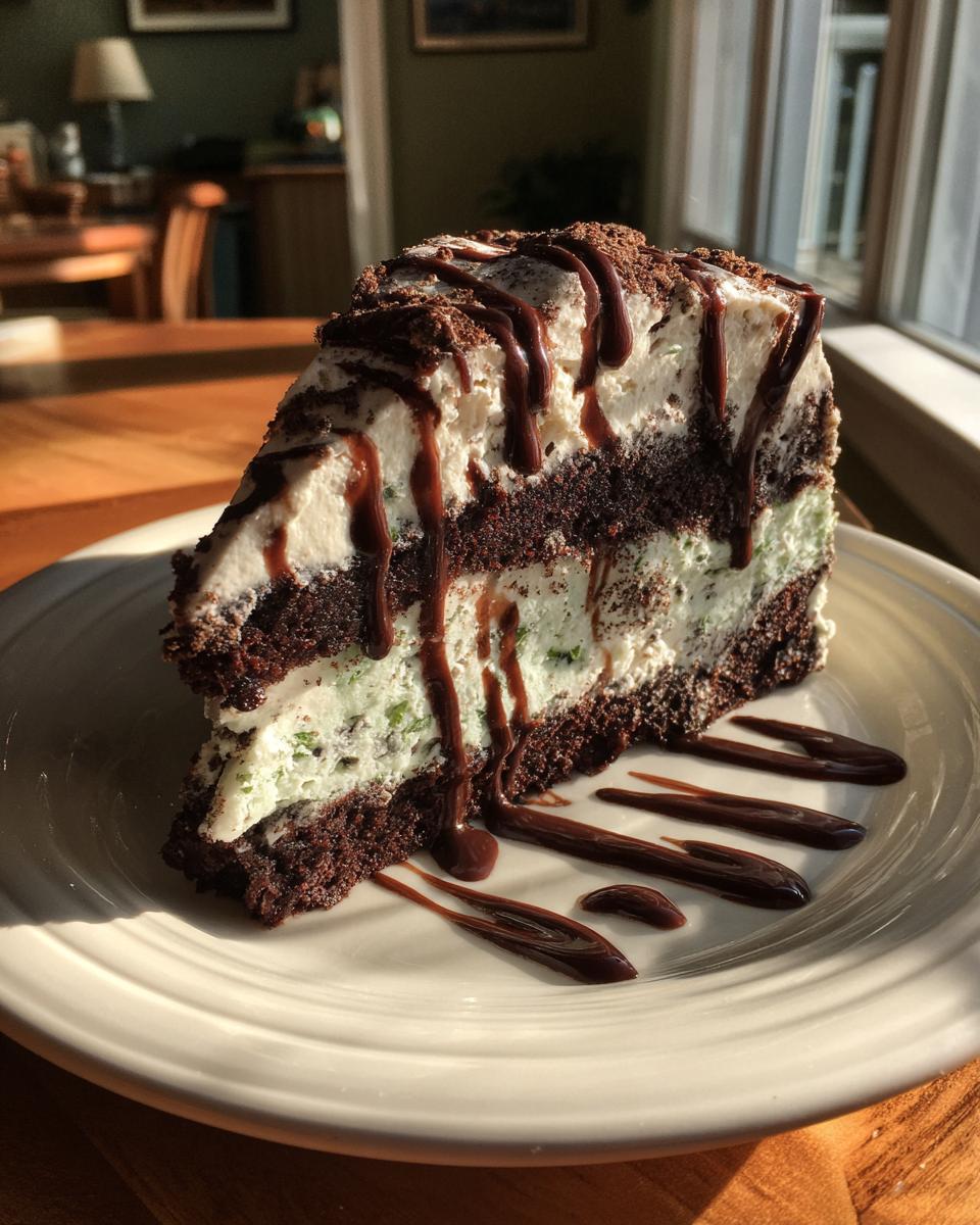 A delicious slice of Mint Chocolate Chip Ice Cream Cake with chocolate drizzle on a plate.
