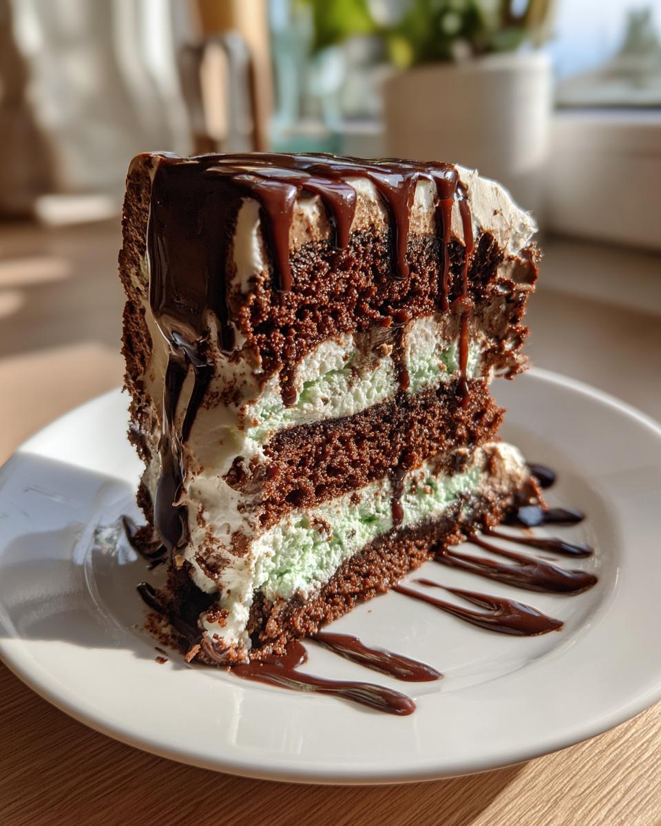 A delicious slice of Mint Chocolate Chip Ice Cream Cake with chocolate sauce.