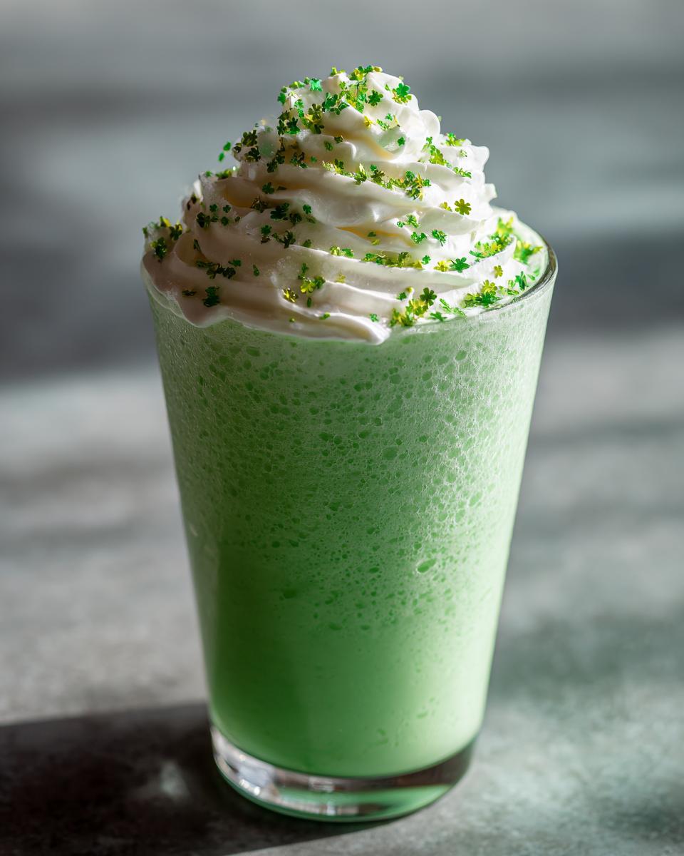 A tall glass of a Minty Shamrock Shake Cocktail, topped with whipped cream and shamrock sprinkles.