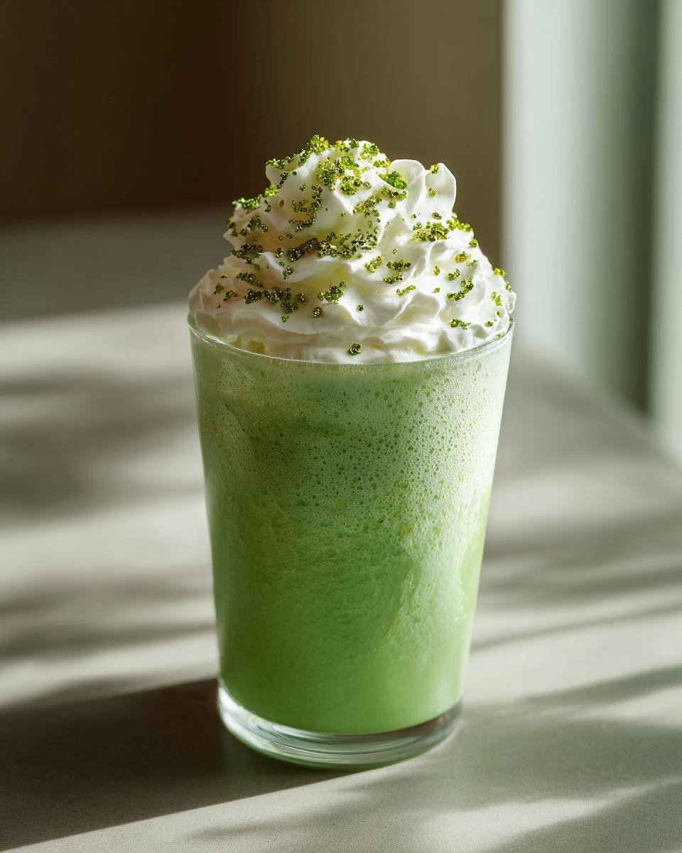 A tall glass of a Minty Shamrock Shake Cocktail, topped with whipped cream and sprinkles.