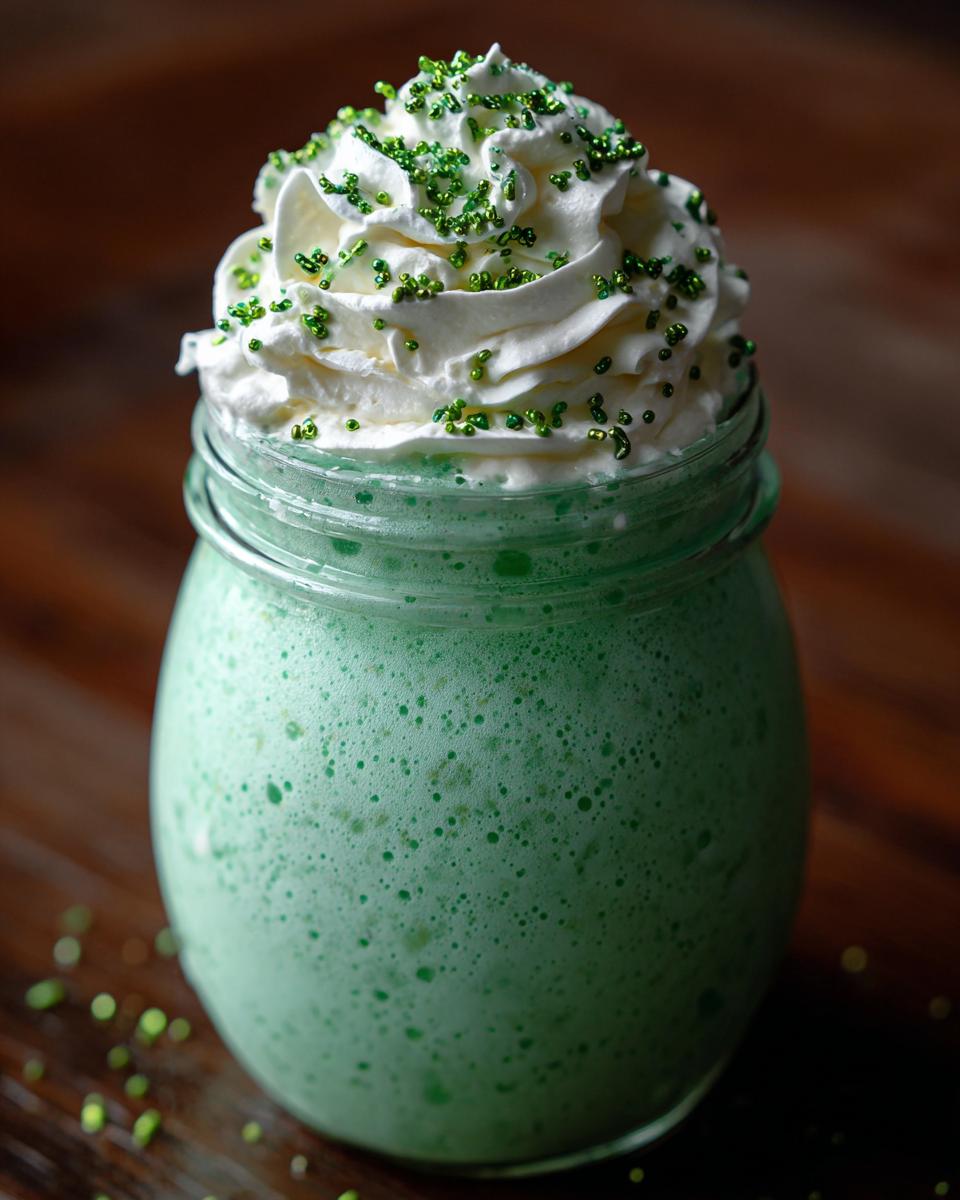 Close-up of a Minty Shamrock Shake Cocktail in a jar, topped with whipped cream and sprinkles.