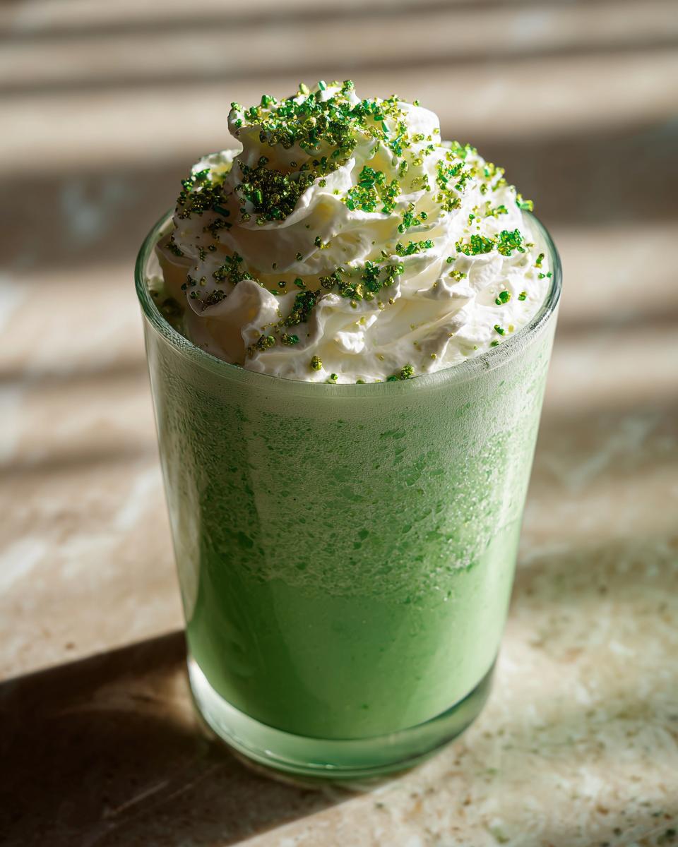 A tall glass of a Minty Shamrock Shake Cocktail, topped with whipped cream and green sprinkles.