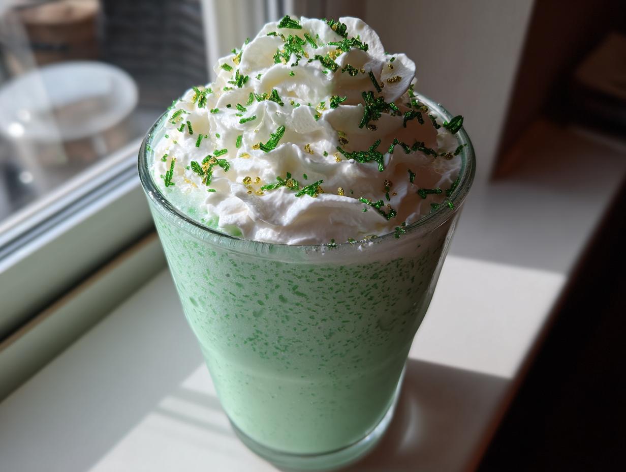 Close-up of a Minty Shamrock Shake Cocktail in a glass, topped with whipped cream and sprinkles.
