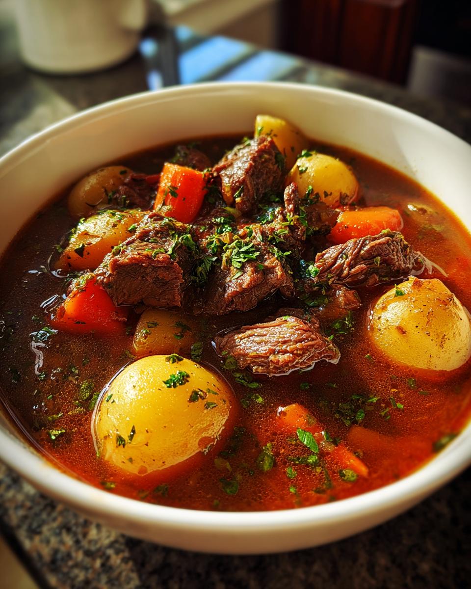 Close-up of a bowl of Old Fashioned Beef Stew with beef chunks, potatoes, carrots, and herbs.