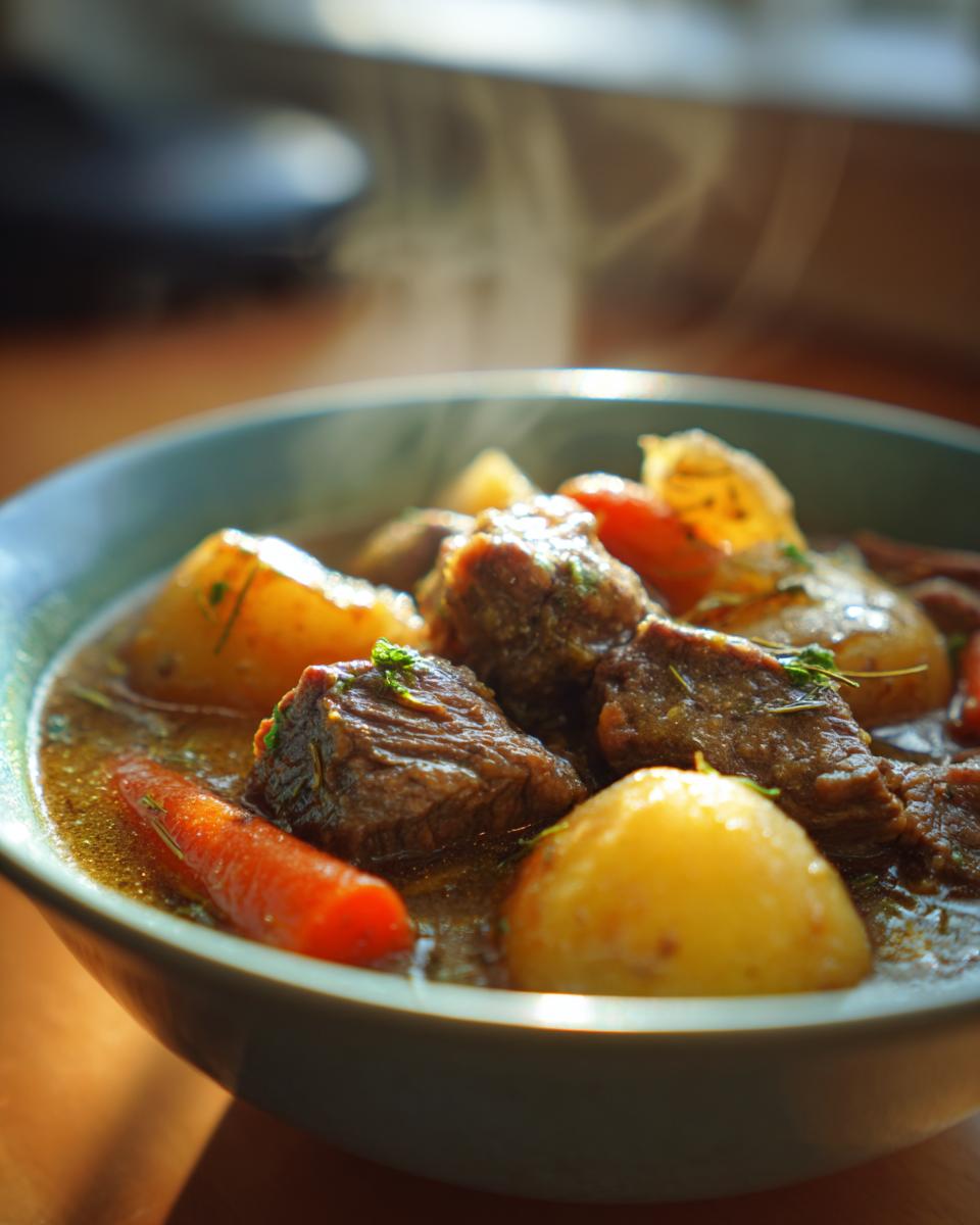 Close-up of a bowl of Old Fashioned Beef Stew with carrots, potatoes, and tender beef.