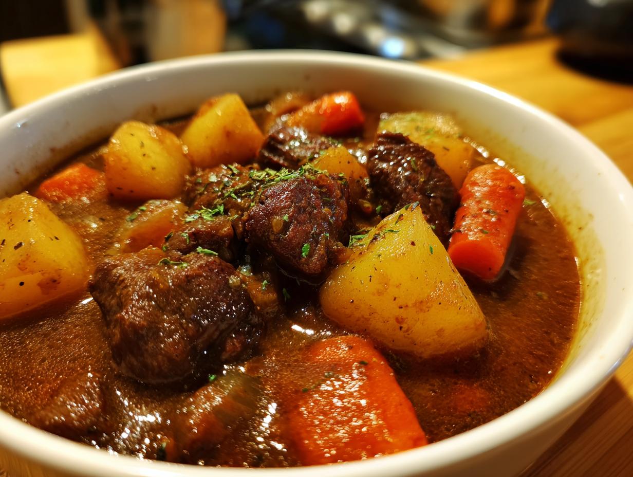 Close-up of a bowl of delicious Old Fashioned Beef Stew with tender beef, potatoes, and carrots.