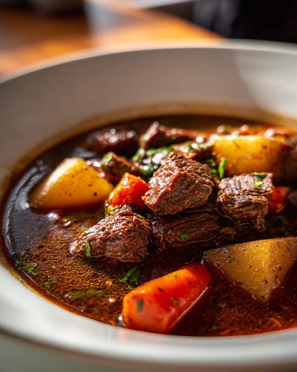 Close-up of a bowl of Old Fashioned Beef Stew with chunks of beef, potatoes, and carrots.