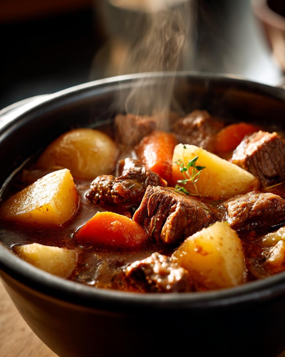 Close-up of a pot of Old Fashioned Beef Stew with potatoes, carrots, and beef.