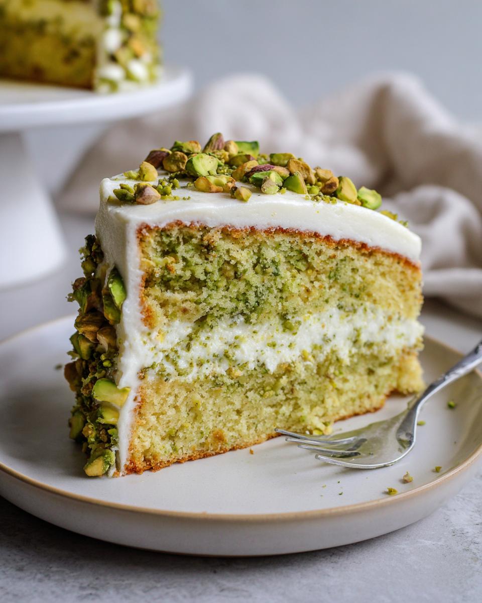 Close-up of a slice of Pistachio Surprise Cake on a plate, topped with pistachios.
