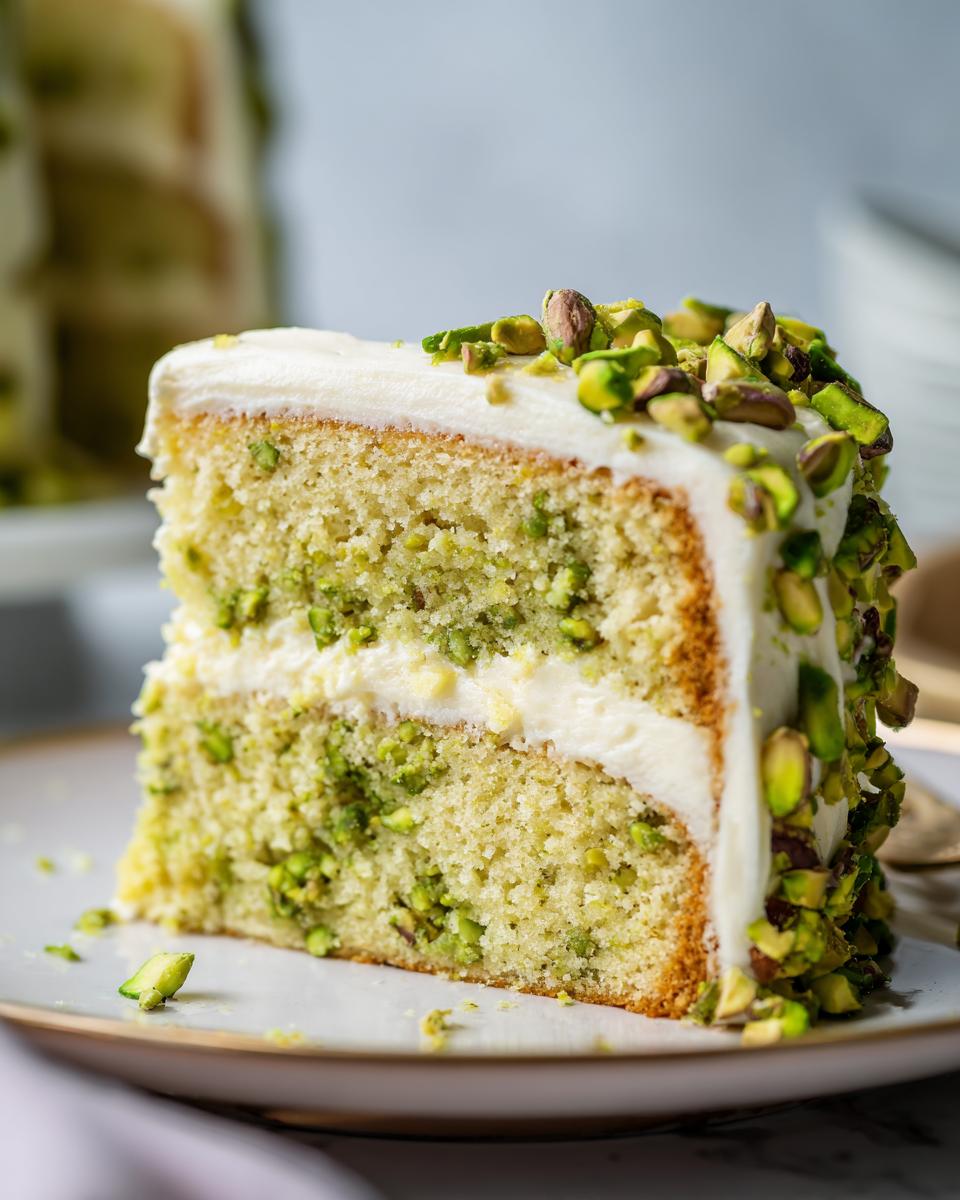 Close-up of a slice of Pistachio Surprise Cake with frosting and chopped pistachios.