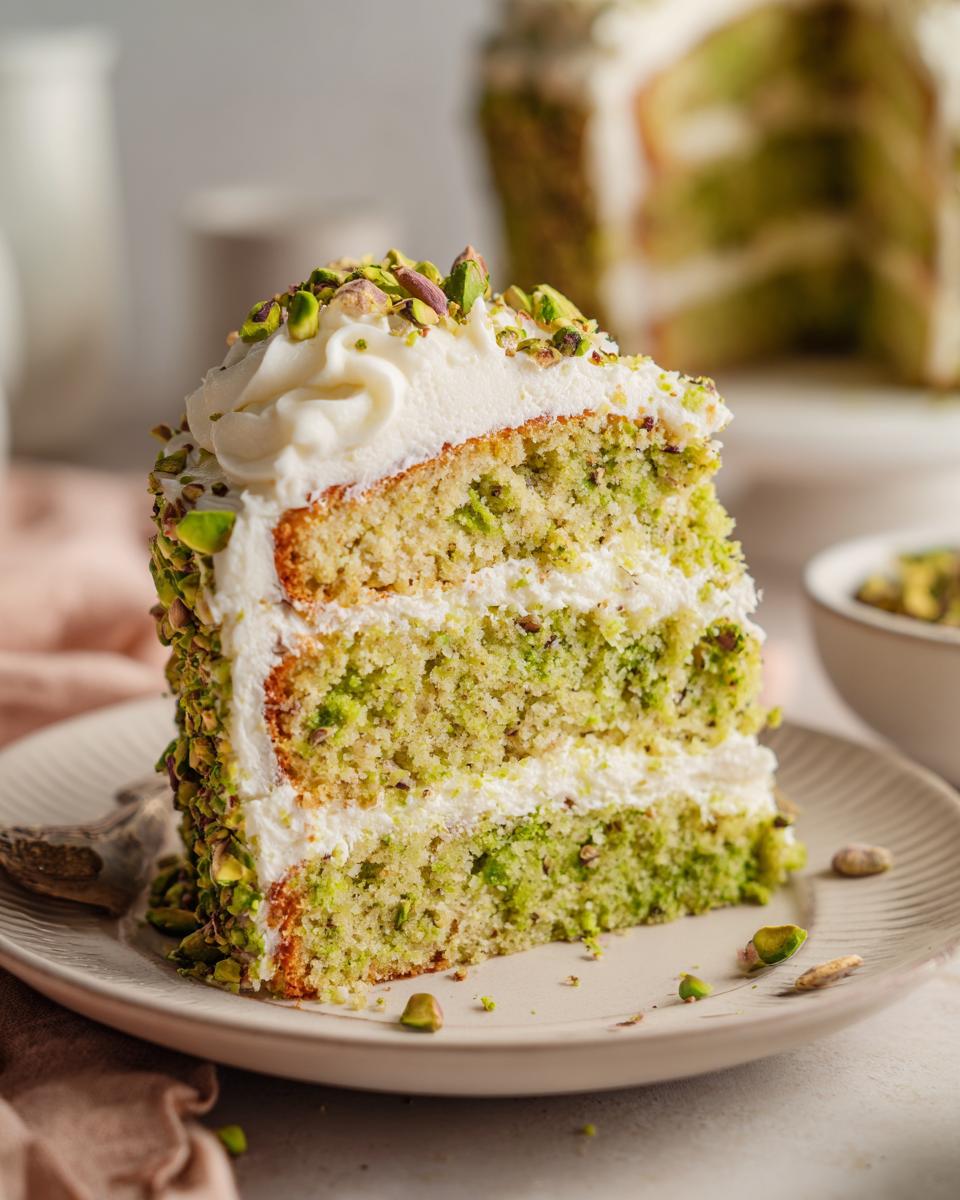 Close-up of a slice of Pistachio Surprise Cake, showing layers, frosting, and pistachios.