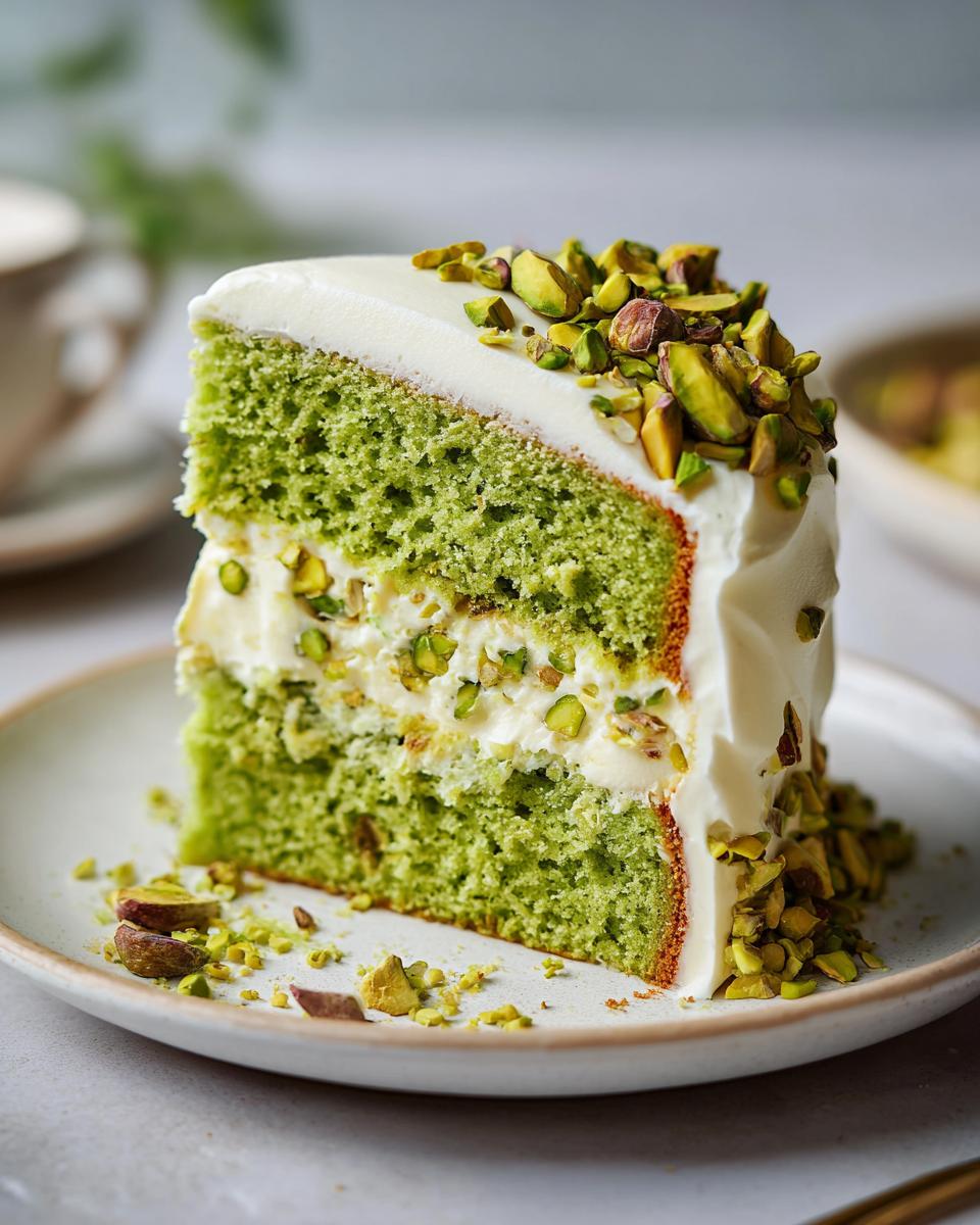 Close-up of a slice of Pistachio Surprise Cake, showing layers, frosting, and pistachios.