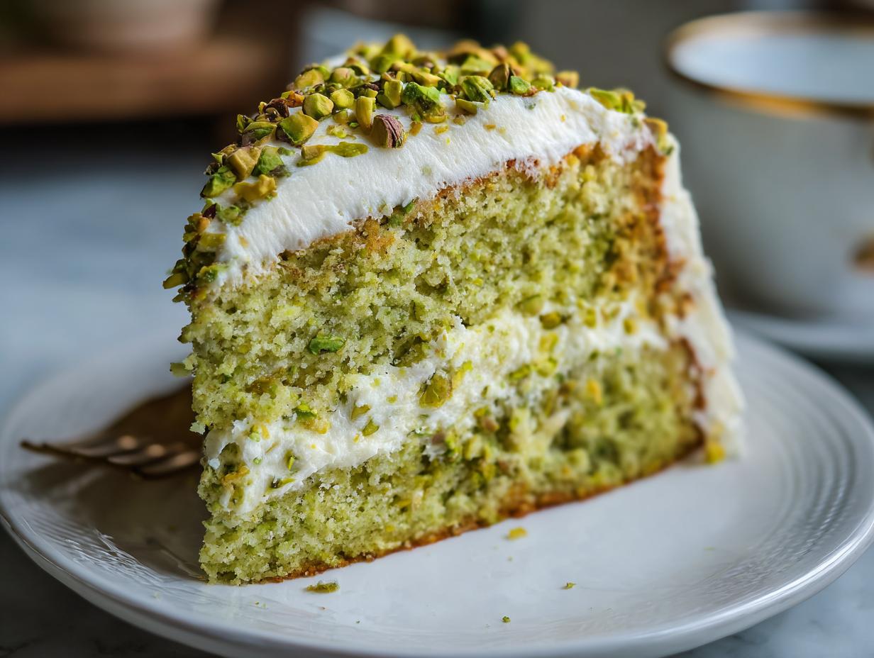 pistachio surprise cake slice