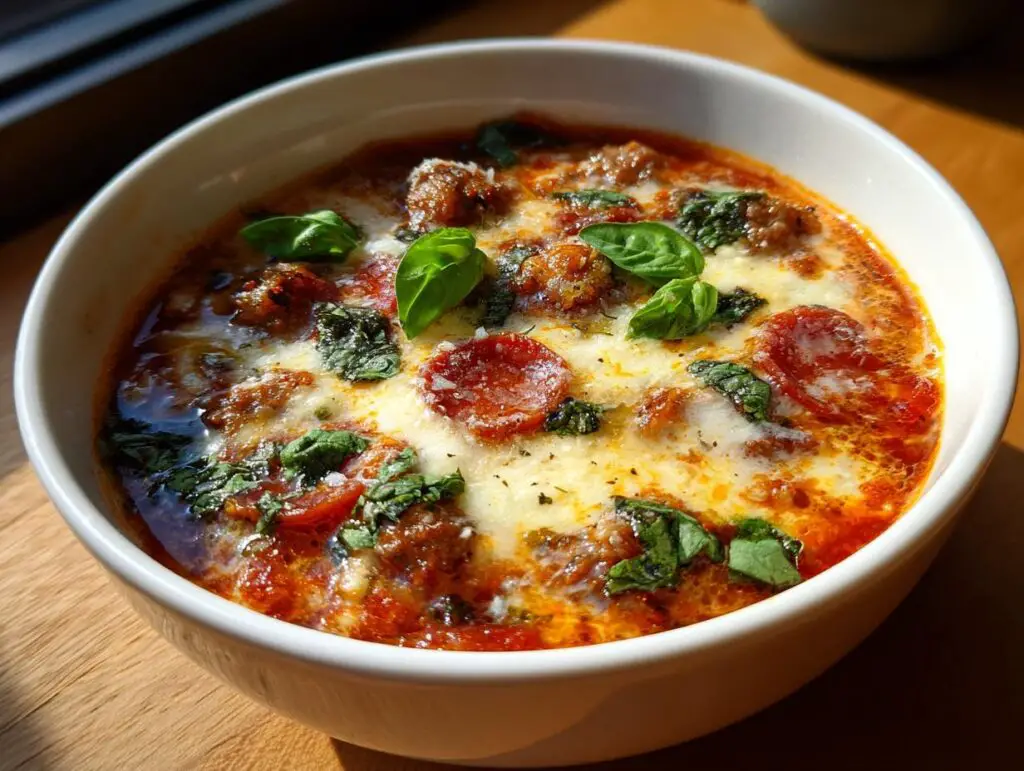 Close-up of a bowl of Pizza Soup with cheese, pepperoni, and fresh basil.