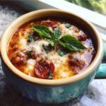 Close-up of a bowl of Pizza Soup with pepperoni, cheese, and basil.