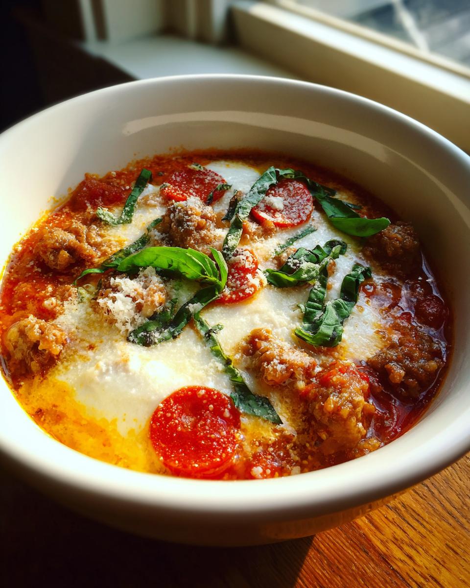 Close-up of a bowl of Pizza Soup with pepperoni, cheese, and basil.
