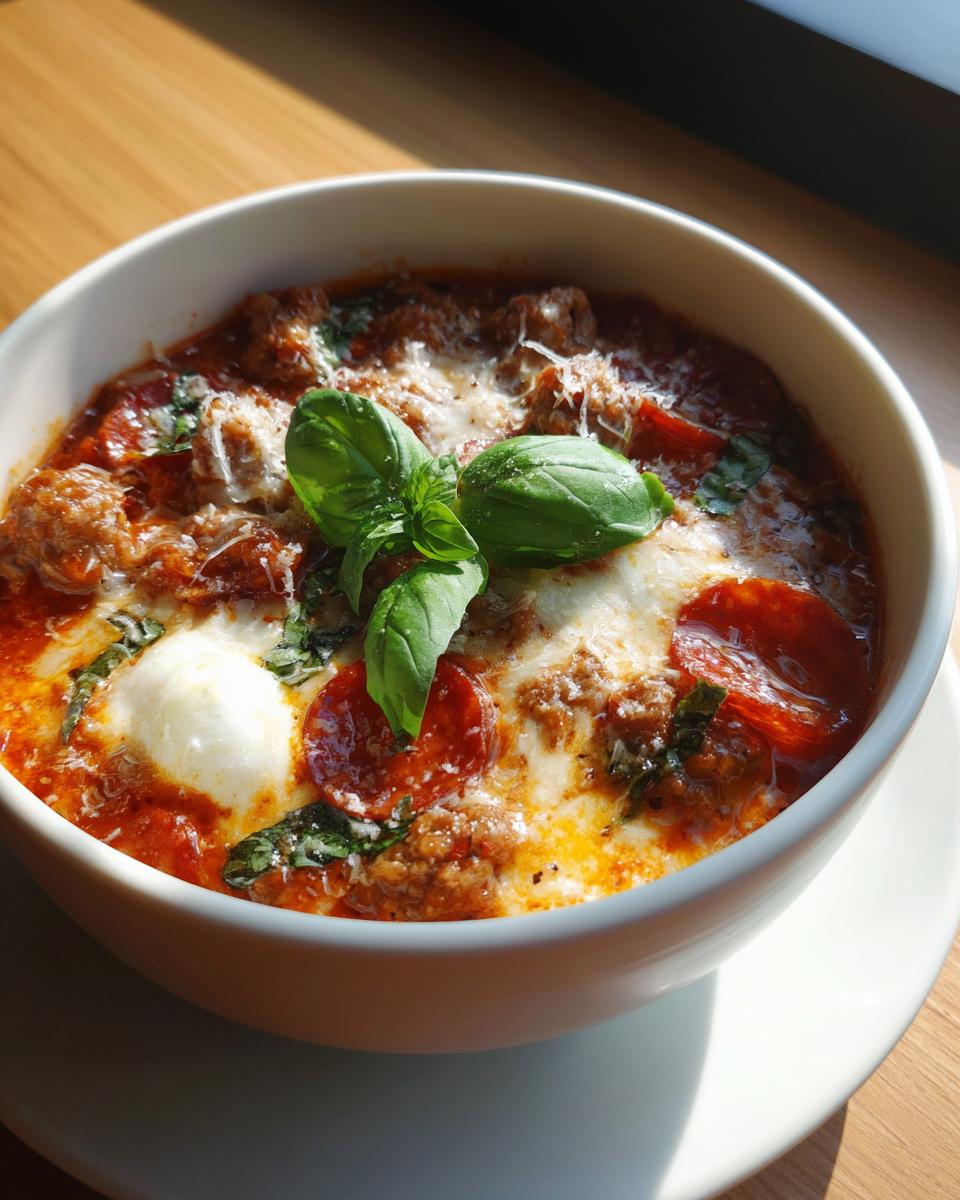 Close-up of a bowl of Pizza Soup with pepperoni, cheese, and fresh basil.