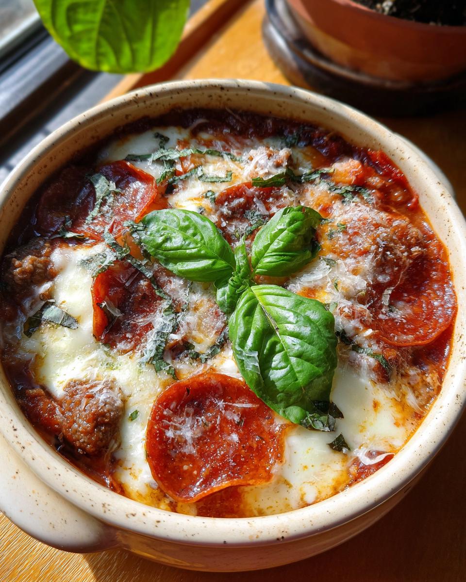 Close-up of a bowl of Pizza Soup with pepperoni, melted cheese, and fresh basil.