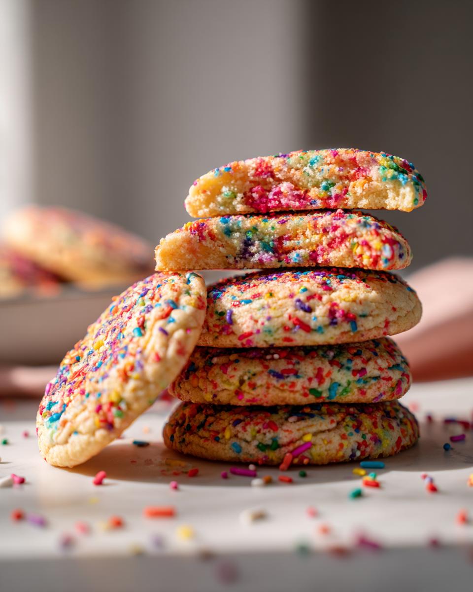 Make 150 Calories with Rainbow Sprinkle Cookie Stacks! 4 Close-up of a stack of Rainbow Sprinkle Cookies, showing colorful sprinkles and a soft texture.