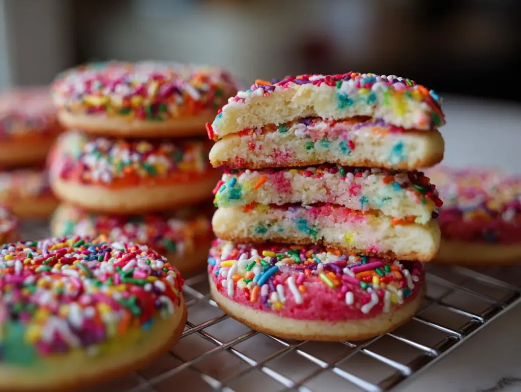 Close-up of a stack of Rainbow Sprinkle Cookie Stacks with colorful sprinkles, perfect for a treat.