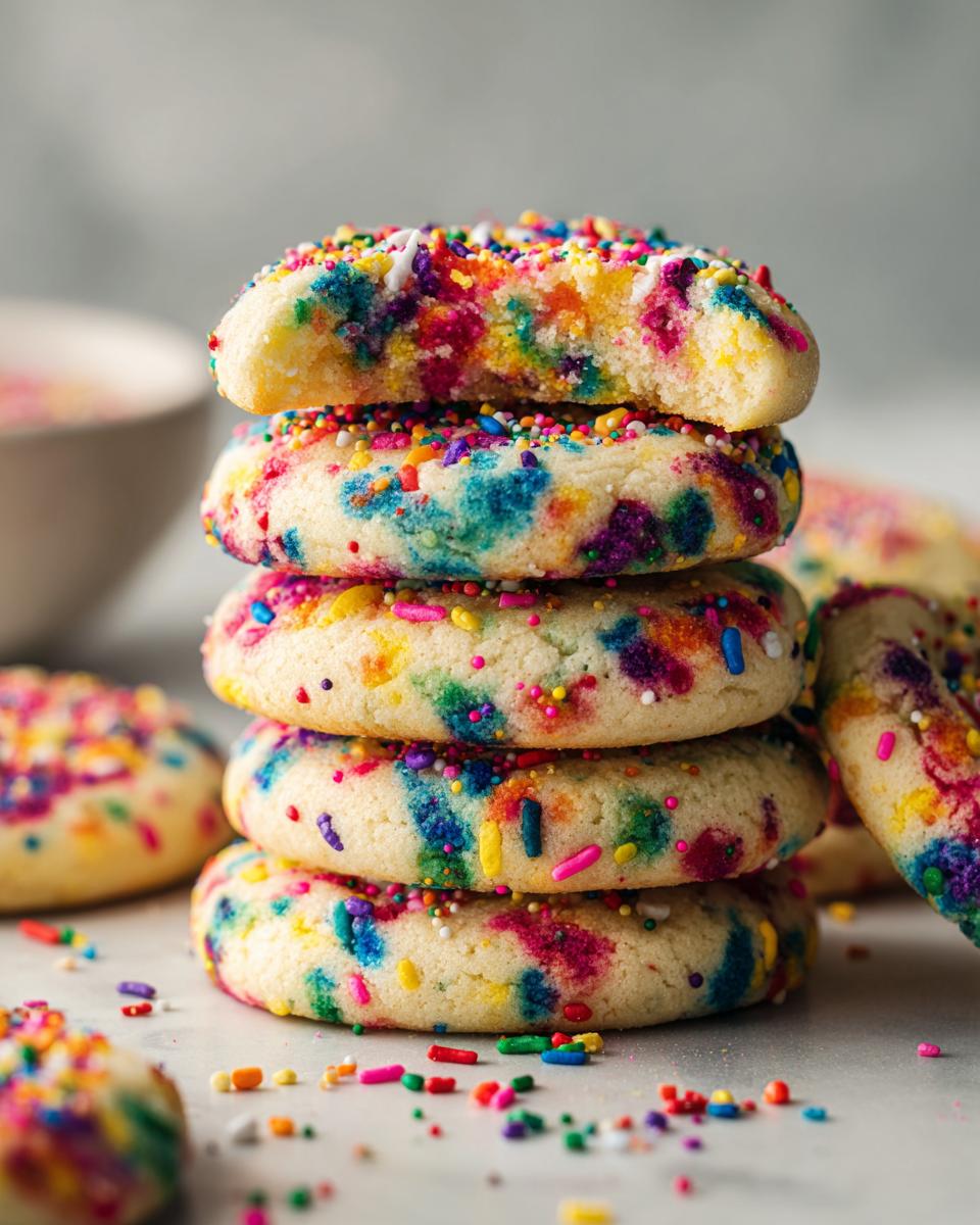 Make 150 Calories with Rainbow Sprinkle Cookie Stacks! 2 Close-up of a stack of Rainbow Sprinkle Cookie Stacks covered in colorful sprinkles.