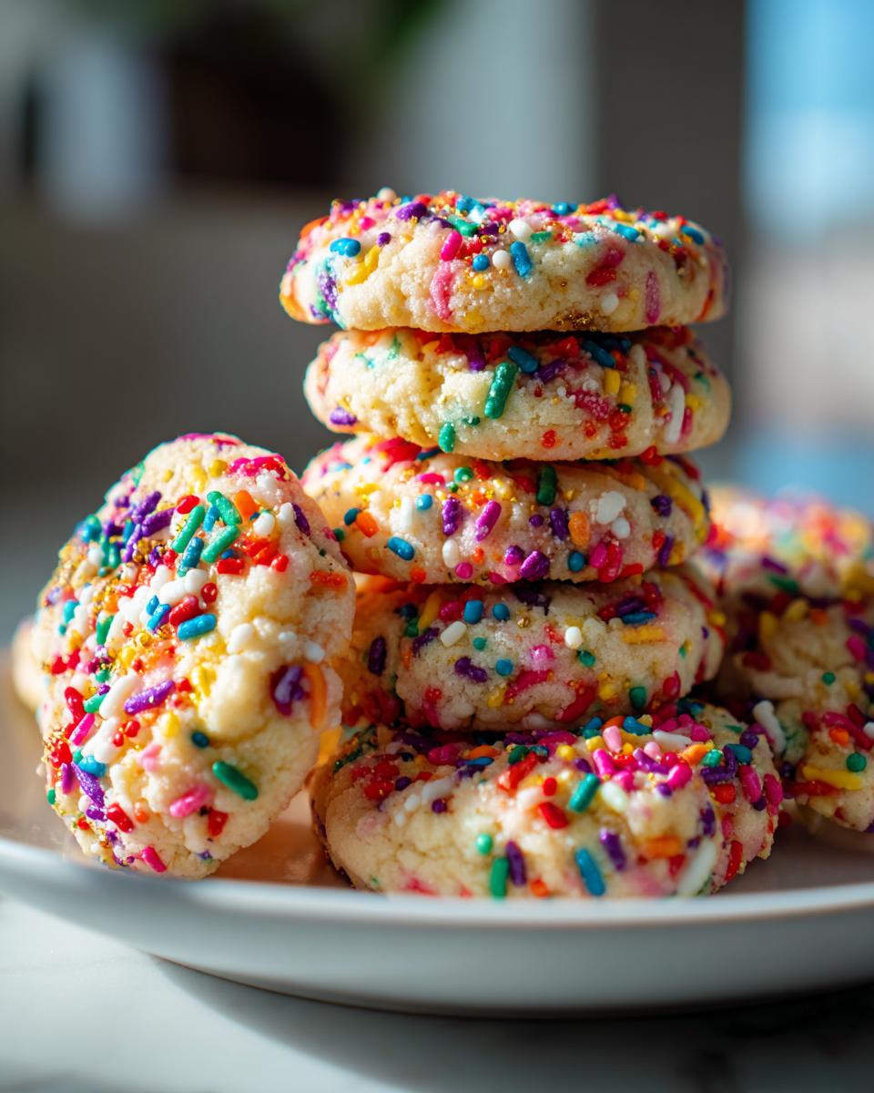 Make 150 Calories with Rainbow Sprinkle Cookie Stacks! 3 Close-up of a stack of delicious Rainbow Sprinkle Cookie Stacks on a white plate.