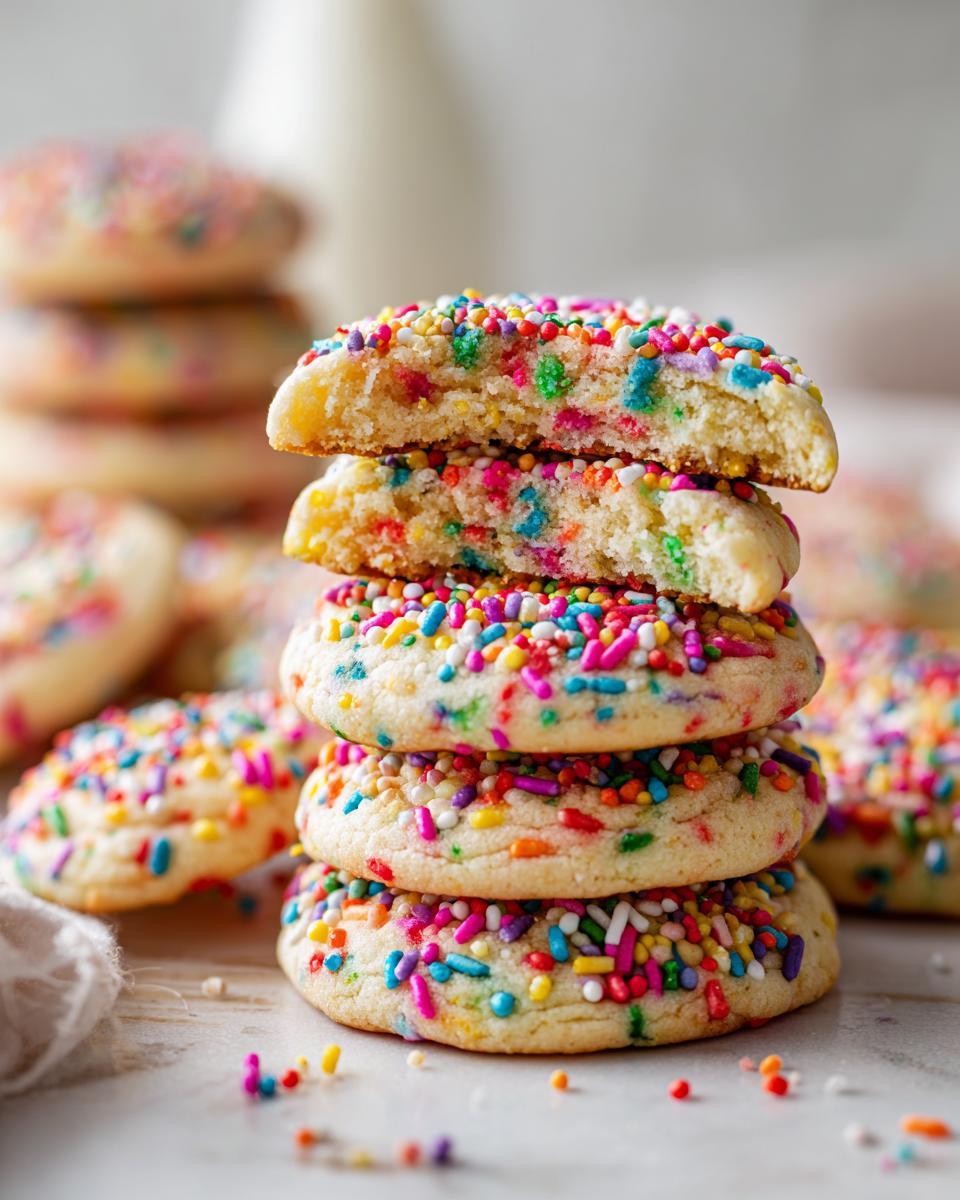 Make 150 Calories with Rainbow Sprinkle Cookie Stacks! 5 Close-up of a stack of Rainbow Sprinkle Cookie Stacks covered in colorful sprinkles.