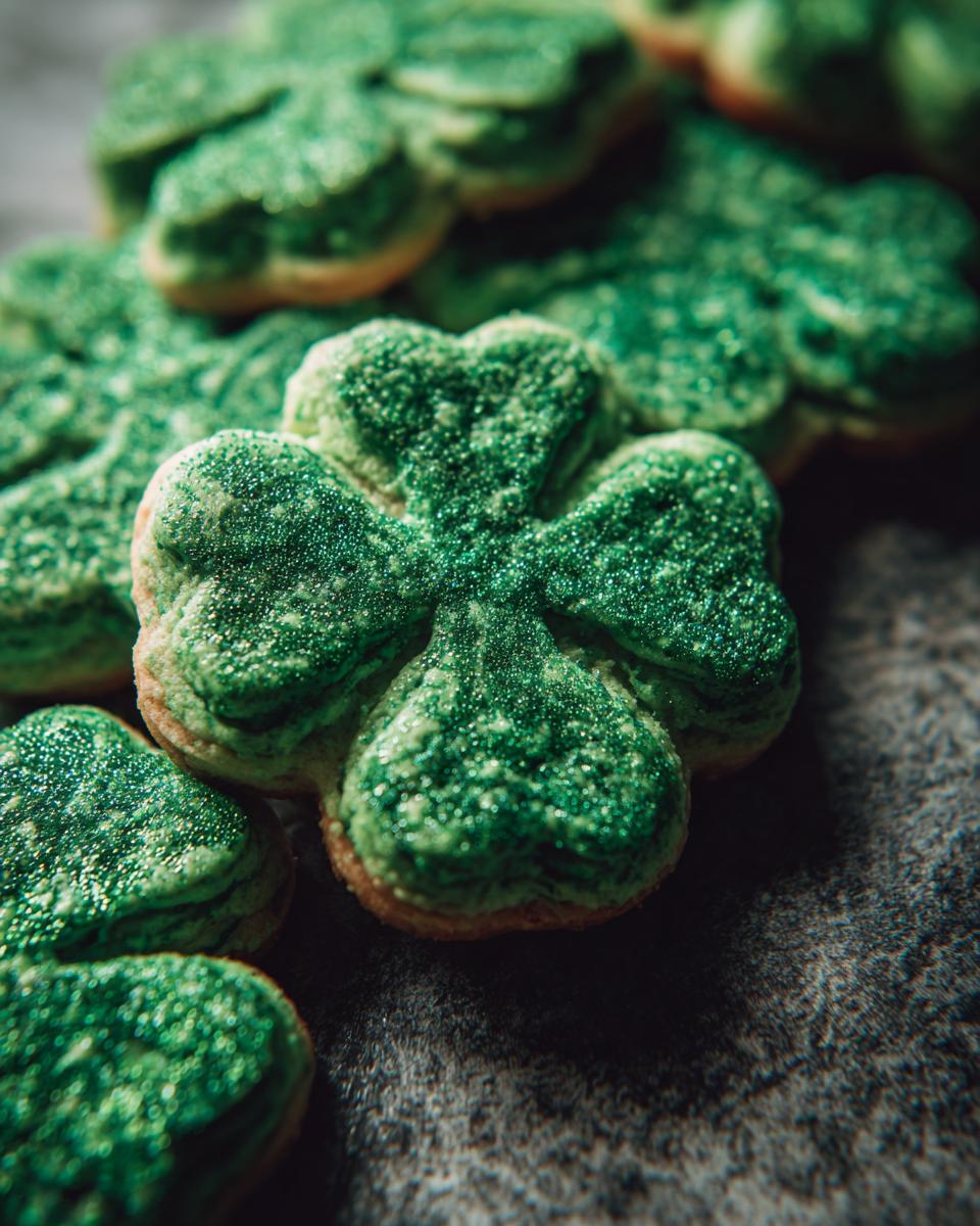 Close-up of green Shamrock Sugar Cookies, perfect for St. Patrick's Day.