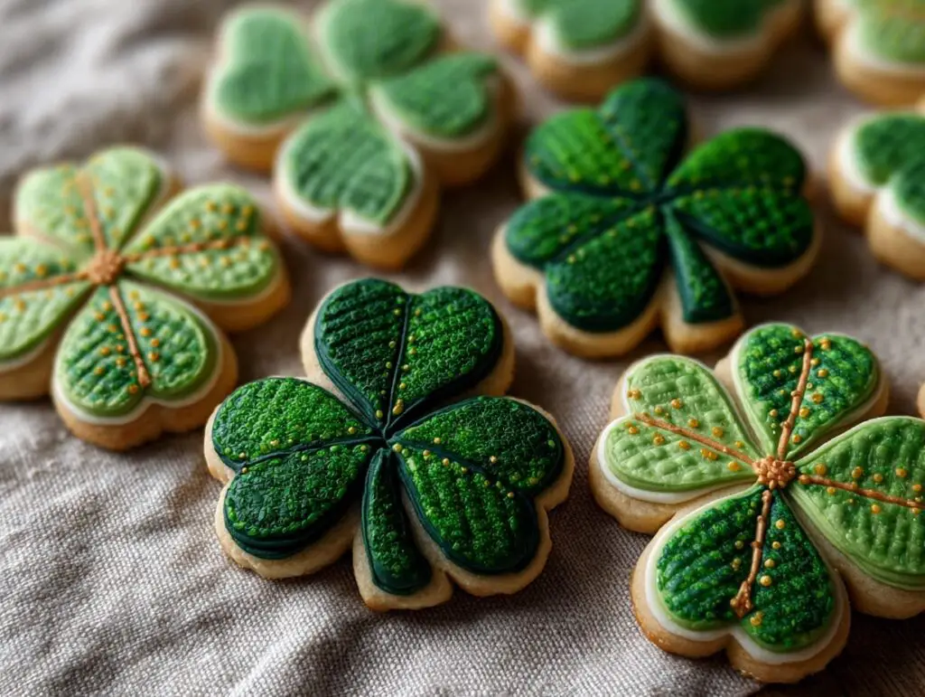 Close-up of beautifully decorated Shamrock Sugar Cookies on a linen surface.