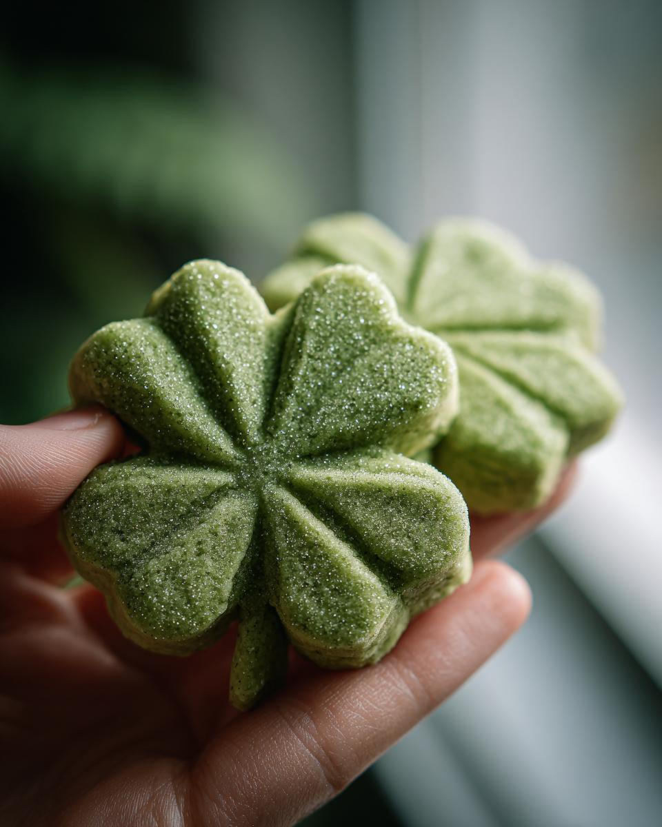 Close-up of a hand holding two green Shamrock Sugar Cookies, covered in sugar crystals.