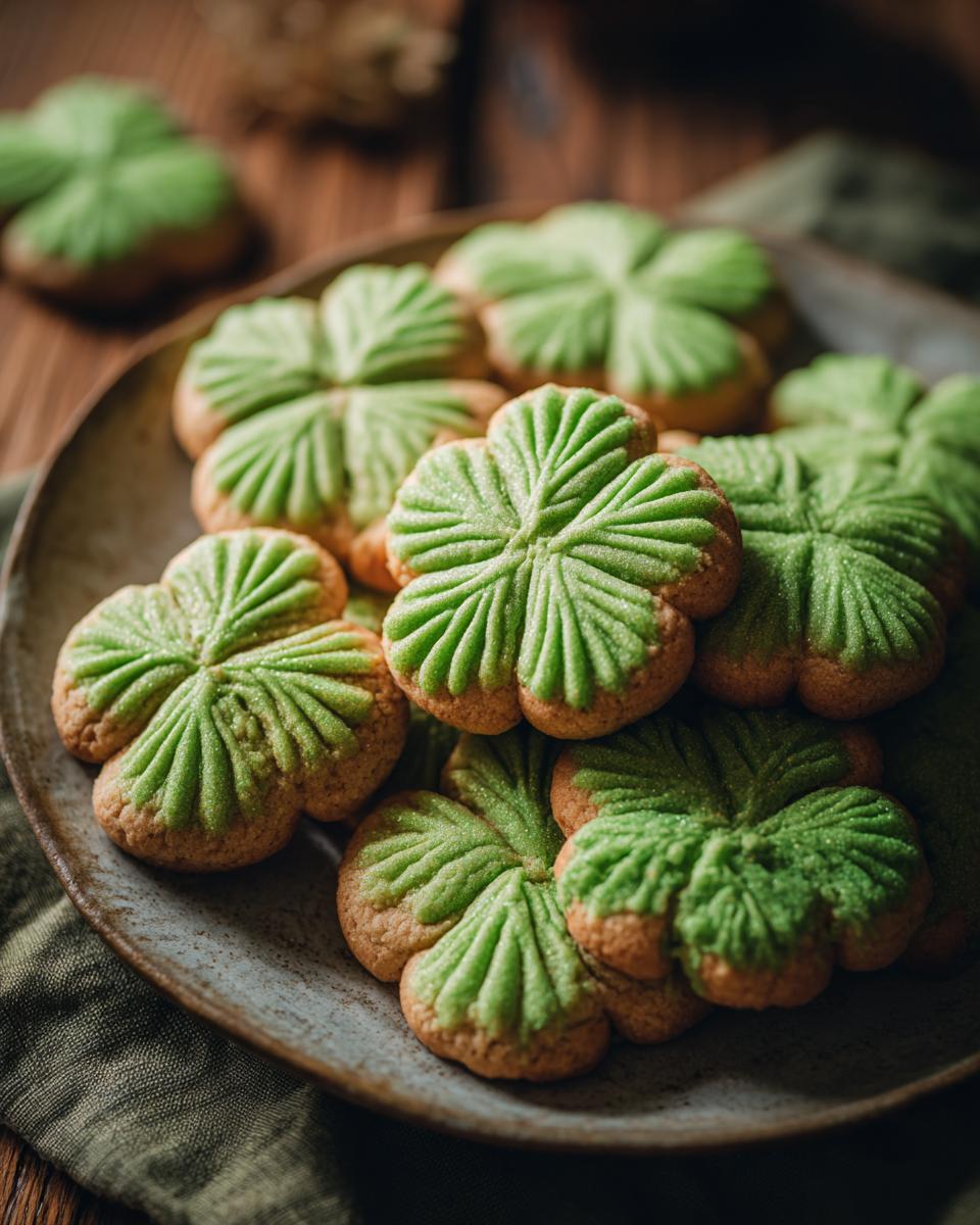 Close-up of a plate of freshly baked Shamrock Sugar Cookies, perfect for St. Patrick's Day.