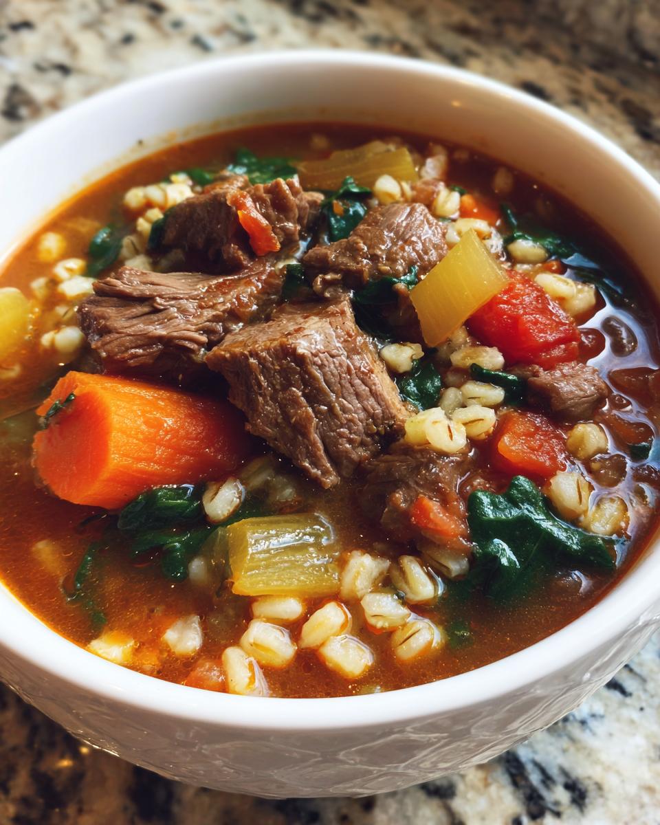 Slow Cooker Beef Barley Stew: 4 Steps To Blissful Dinner 9 Close-up of a bowl of Slow Cooker Beef Barley Stew, showing beef, barley, and vegetables.