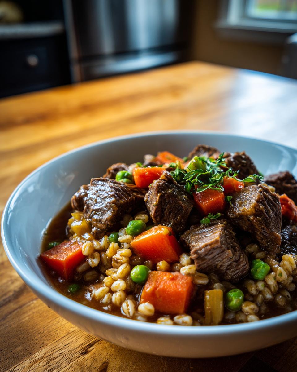 Slow Cooker Beef Barley Stew: 4 Steps To Blissful Dinner 10 Close-up of a bowl of Slow Cooker Beef Barley Stew with beef, barley, carrots, and peas.