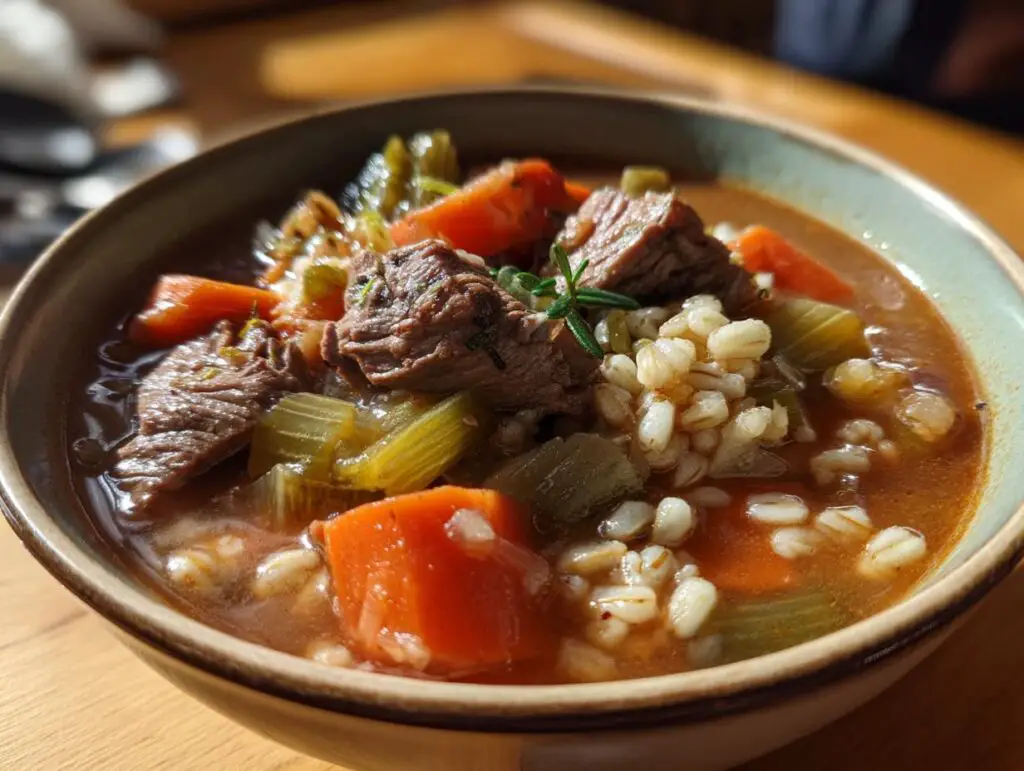 Close-up of a bowl filled with Slow Cooker Beef Barley Stew, featuring beef, barley, and vegetables.