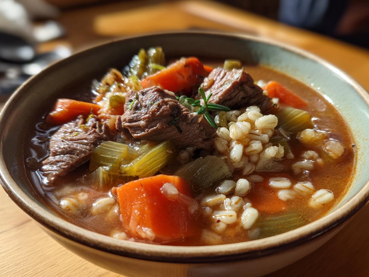 Slow Cooker Beef Barley Stew: 4 Steps To Blissful Dinner 6 Close-up of a bowl filled with Slow Cooker Beef Barley Stew, featuring beef, barley, and vegetables.