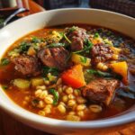 Slow Cooker Beef Barley Stew: 4 Steps To Blissful Dinner 11 Close-up of a bowl filled with Slow Cooker Beef Barley Stew, showing beef chunks, barley, and vegetables.