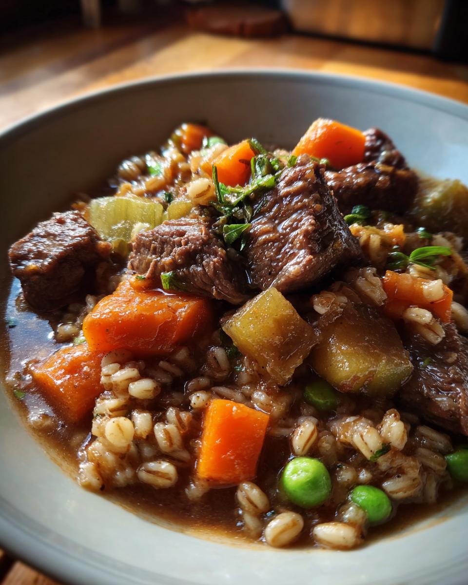 Slow Cooker Beef Barley Stew: 4 Steps To Blissful Dinner 7 Close-up of a bowl filled with Slow Cooker Beef Barley Stew, featuring beef, barley, and vegetables.