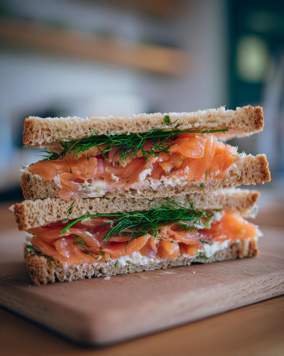 Close-up of a Smoked Salmon Soda Bread Sandwich with dill and cream cheese.