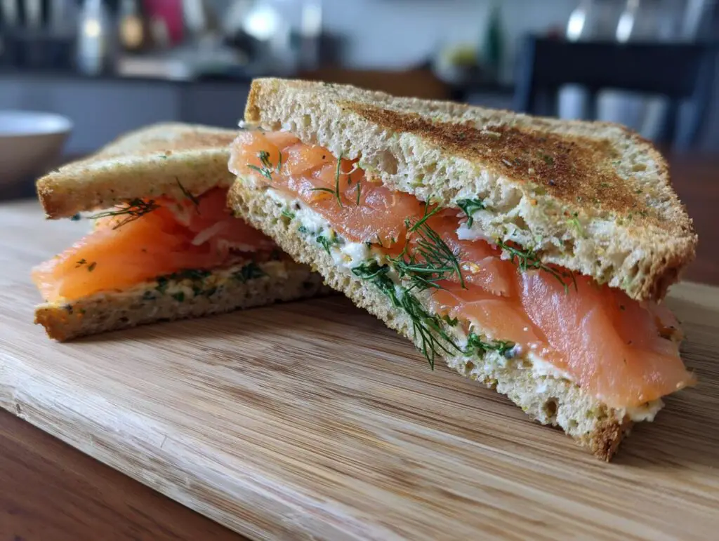 Close-up of a Smoked Salmon Soda Bread Sandwich with dill and cream cheese.