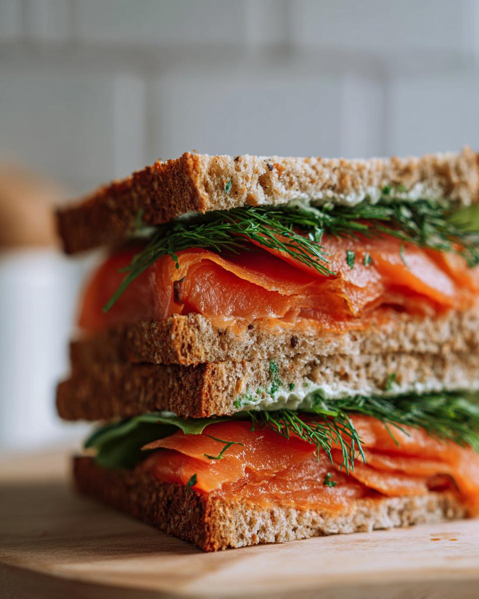 Close-up of a Smoked Salmon Soda Bread Sandwich with dill and greens.