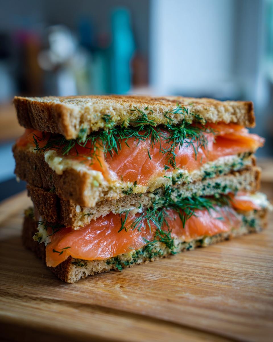 Close-up of a stacked Smoked Salmon Soda Bread Sandwich with dill and cream cheese.